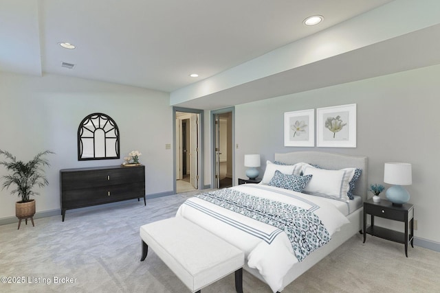 bedroom with light carpet, baseboards, visible vents, and recessed lighting