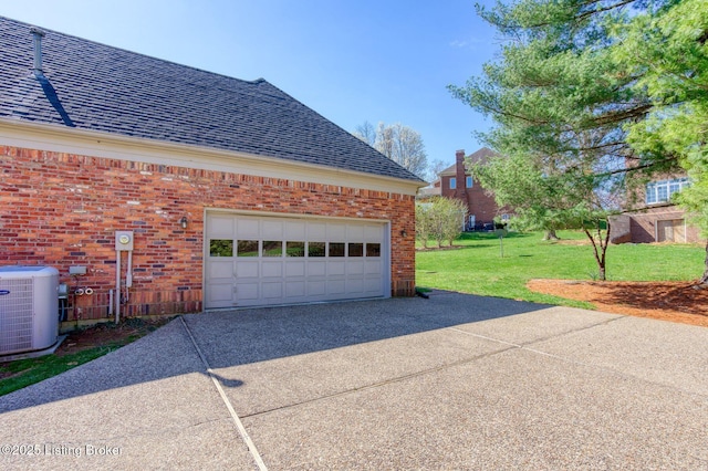 view of property exterior with brick siding, driveway, a shingled roof, and central AC unit