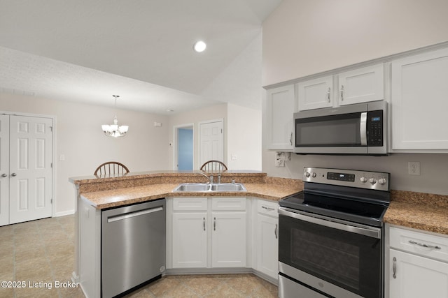 135C Michelle Dr, Shepherdsville, KY 40165 - kitchen featuring appliances with stainless steel finishes, a sink, a chandelier, a peninsula, and white cabinetry