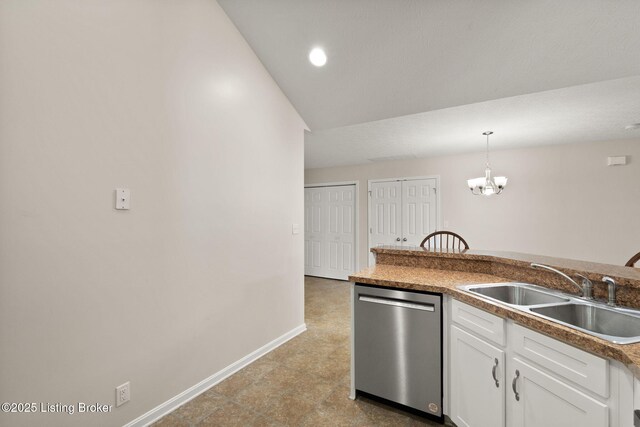 135C Michelle Dr, Shepherdsville, KY 40165 - kitchen with an inviting chandelier, baseboards, white cabinetry, a sink, and dishwasher