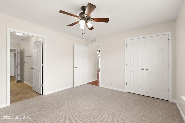 135C Michelle Dr, Shepherdsville, KY 40165 - unfurnished bedroom featuring visible vents, a closet, baseboards, ceiling fan, and carpet