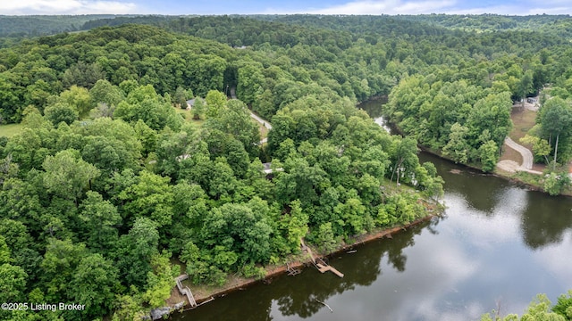 aerial view featuring a water view and a forest view