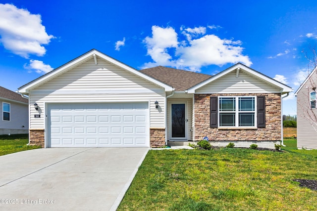 243 Zelcova Dr, Eminence, KY 40019 - ranch-style house with concrete driveway, a front yard, stone siding, and an attached garage