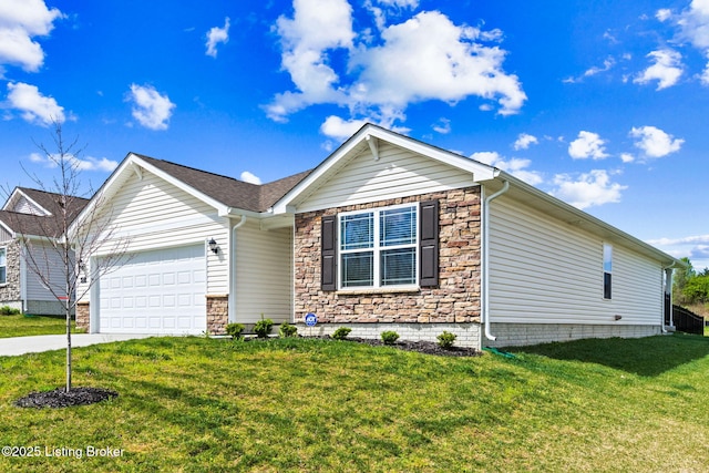 243 Zelcova Dr, Eminence, KY 40019 - ranch-style house with an attached garage, driveway, a front yard, and stone siding