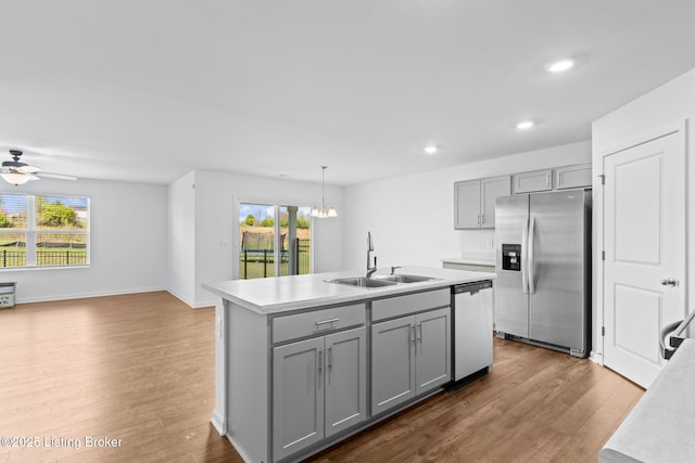 243 Zelcova Dr, Eminence, KY 40019 - kitchen featuring light countertops, gray cabinetry, appliances with stainless steel finishes, a sink, and wood finished floors