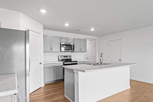243 Zelcova Dr, Eminence, KY 40019 - kitchen with gray cabinets, appliances with stainless steel finishes, wood finished floors, and a sink
