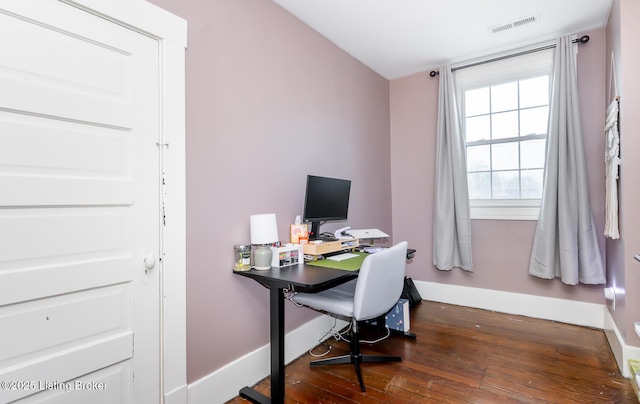 office with visible vents, baseboards, and wood-type flooring