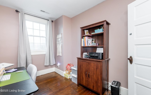 office featuring dark wood-style flooring, visible vents, and baseboards
