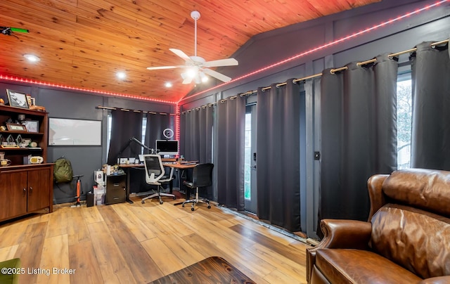 office featuring wooden ceiling, light wood finished floors, ceiling fan, and a wealth of natural light