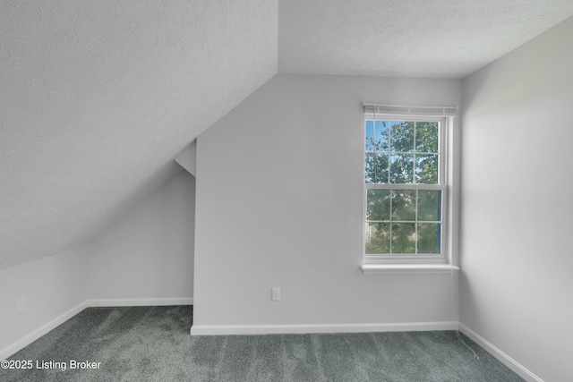additional living space featuring baseboards, carpet floors, a textured ceiling, and lofted ceiling