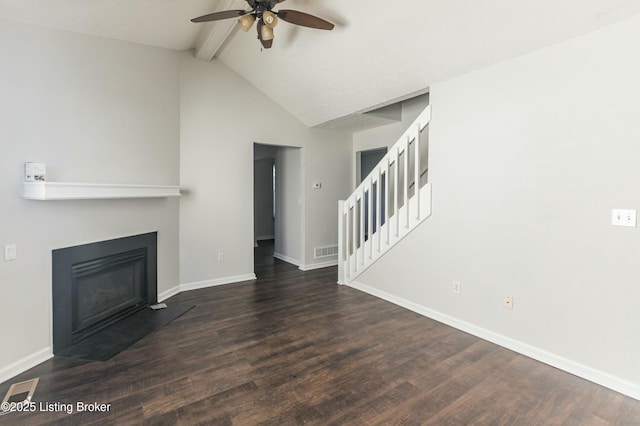 unfurnished living room with stairway, baseboards, dark wood finished floors, ceiling fan, and visible vents
