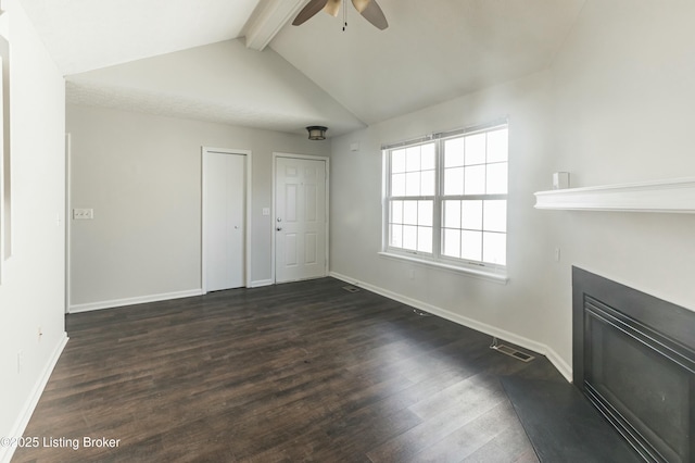 unfurnished living room featuring lofted ceiling with beams, visible vents, baseboards, ceiling fan, and dark wood finished floors
