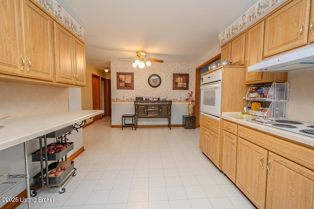 3019 Leman Dr, Louisville, KY 40220 - kitchen featuring wallpapered walls, white appliances, light countertops, under cabinet range hood, and ceiling fan