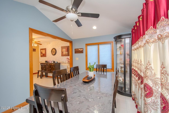 3019 Leman Dr, Louisville, KY 40220 - dining area featuring a ceiling fan, light tile patterned flooring, and lofted ceiling