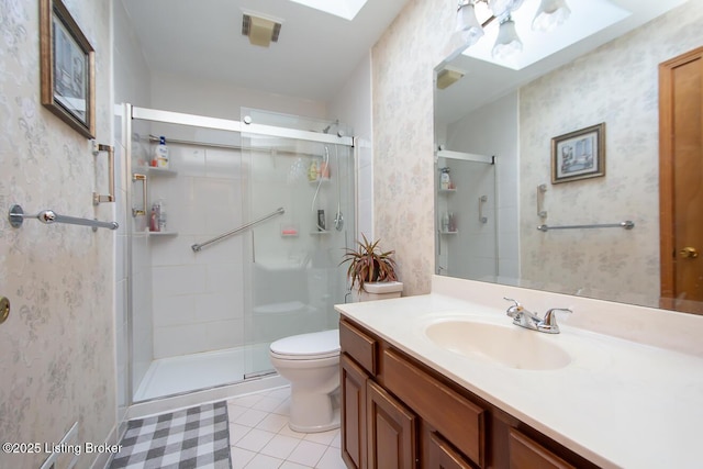 3019 Leman Dr, Louisville, KY 40220 - full bathroom featuring vanity, tile patterned flooring, toilet, a stall shower, and wallpapered walls