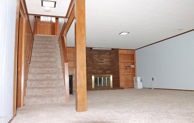 3019 Leman Dr, Louisville, KY 40220 - staircase featuring a fireplace, ornamental molding, and carpet floors