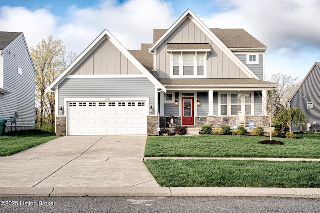18104 Bridle Run Dr, Louisville, KY 40245 - craftsman house with driveway, board and batten siding, stone siding, a front yard, and a garage