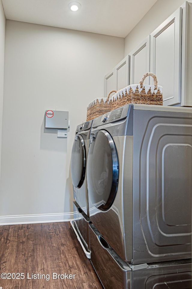 18104 Bridle Run Dr, Louisville, KY 40245 - clothes washing area with baseboards, recessed lighting, dark wood-type flooring, independent washer and dryer, and cabinet space