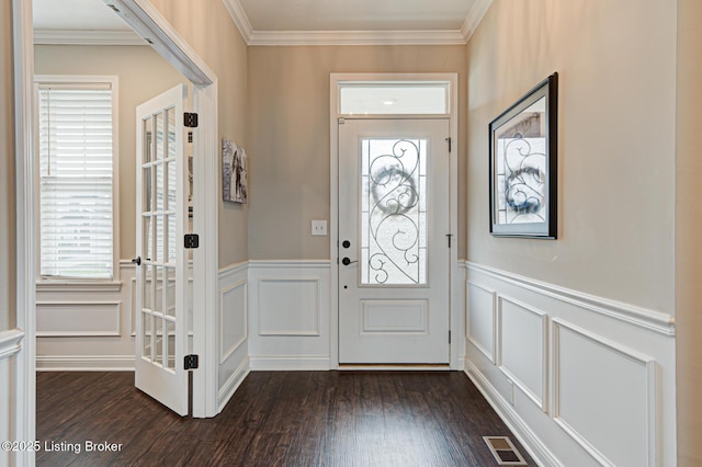 18104 Bridle Run Dr, Louisville, KY 40245 - foyer entrance with ornamental molding, dark wood-style floors, a wainscoted wall, visible vents, and a decorative wall