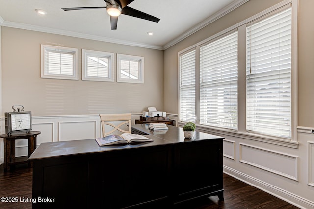 18104 Bridle Run Dr, Louisville, KY 40245 - home office with crown molding, wainscoting, dark wood finished floors, a decorative wall, and ceiling fan