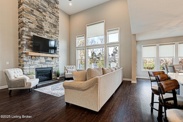 18104 Bridle Run Dr, Louisville, KY 40245 - living area featuring a fireplace, baseboards, dark wood-style floors, and a towering ceiling