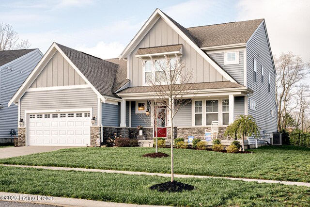 18104 Bridle Run Dr, Louisville, KY 40245 - craftsman inspired home with board and batten siding, a front lawn, and a garage