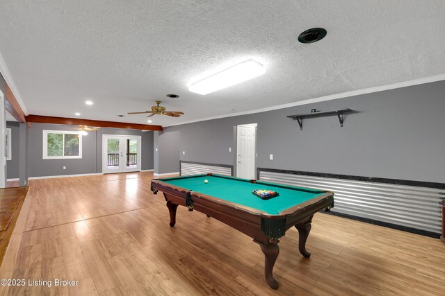 1468 Lakeshore Pkwy, Brandenburg, KY 40108 - game room featuring ornamental molding, a textured ceiling, light wood finished floors, a ceiling fan, and billiards table