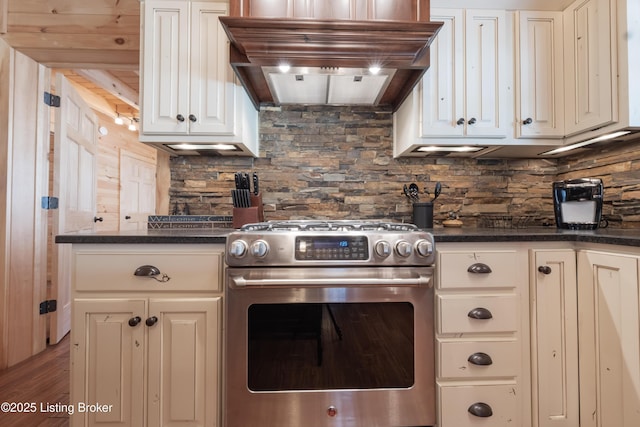 kitchen with premium range hood, stainless steel gas range oven, and backsplash