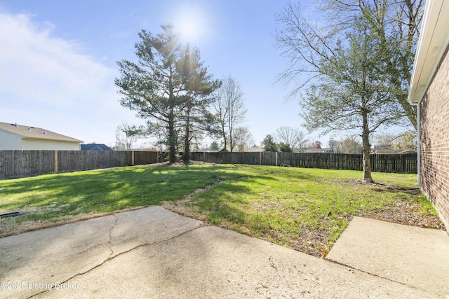 view of yard with a fenced backyard and a patio