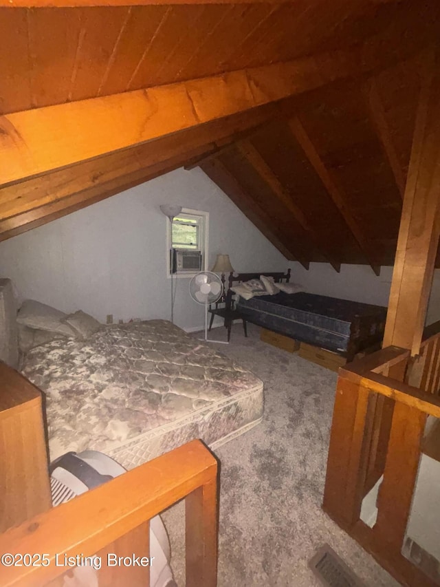 1009 Wilderness Rd, Mammoth Cave, KY 42259 - bedroom featuring vaulted ceiling, cooling unit, wooden ceiling, and carpet