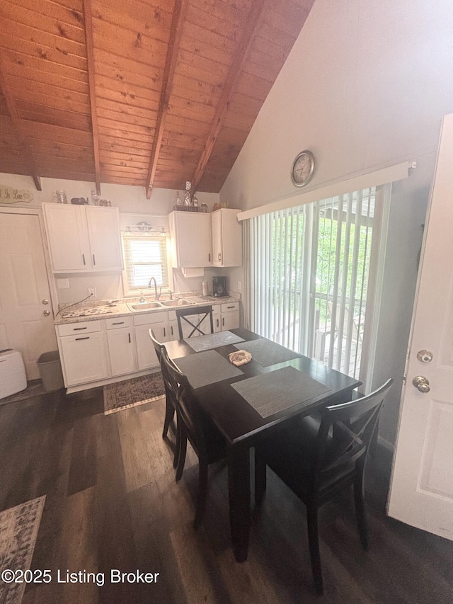 1009 Wilderness Rd, Mammoth Cave, KY 42259 - dining space featuring wood ceiling with exposed beams, dark wood-type flooring, and high vaulted ceiling