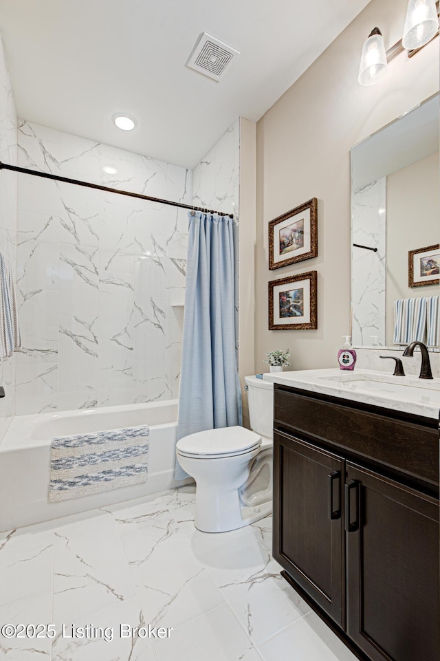 full bathroom with visible vents, toilet, shower / bathtub combination with curtain, vanity, and marble finish floor