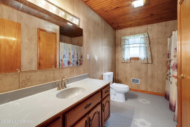 1109 Holly Ave, Louisville, KY 40118 - bathroom with wooden ceiling, vanity, toilet, baseboards, and curtained shower