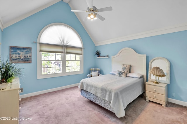 carpeted bedroom with baseboards, high vaulted ceiling, and ceiling fan