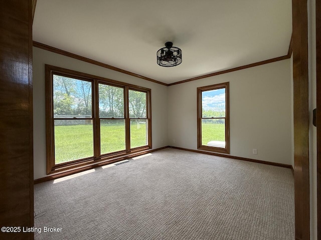 carpeted spare room with baseboards and ornamental molding