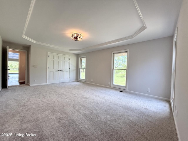 unfurnished bedroom featuring a tray ceiling, baseboards, and carpet floors