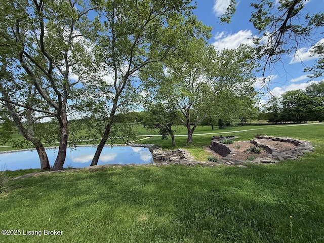 view of green lawn with a water view