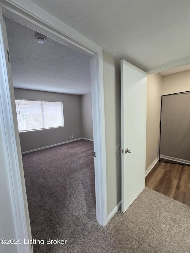 interior space with baseboards, carpet flooring, and a textured ceiling