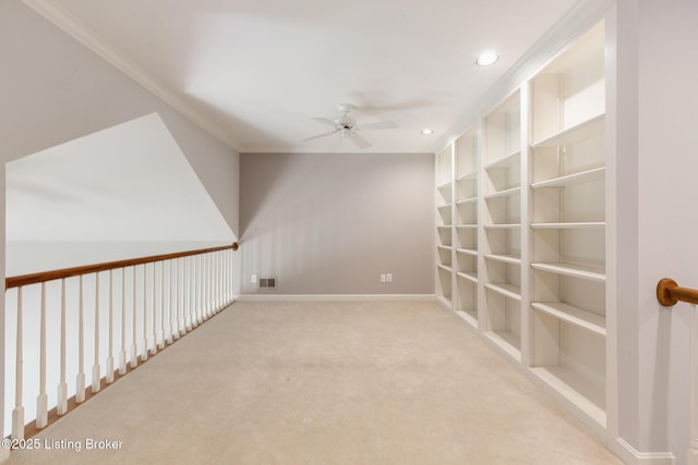 7808 Grenoble Ln, Prospect, KY 40059 - spare room featuring ceiling fan, carpet flooring, baseboards, ornamental molding, and recessed lighting