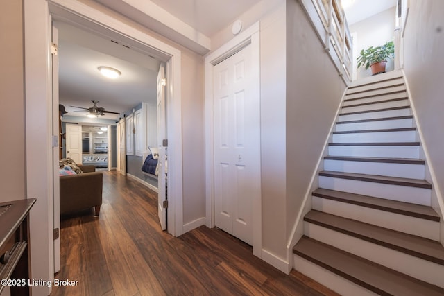 432 Four Seasons Rd, Falls Of Rough, KY 40119 - stairs featuring a ceiling fan, wood finished floors, and baseboards
