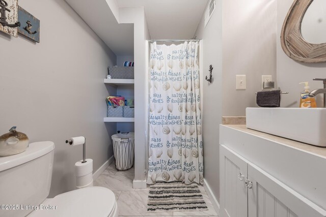 432 Four Seasons Rd, Falls Of Rough, KY 40119 - full bathroom with toilet, marble finish flooring, baseboards, vanity, and a shower with shower curtain