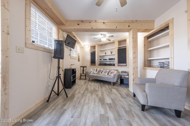 432 Four Seasons Rd, Falls Of Rough, KY 40119 - living area featuring ceiling fan, wood finished floors, baseboards, and built in features