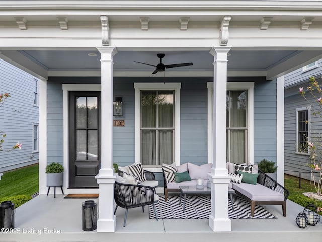 exterior space featuring a porch, ceiling fan, and an outdoor living space