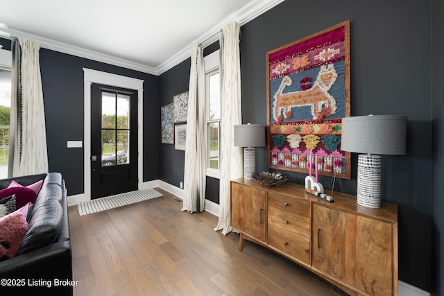 entrance foyer featuring wood finished floors, baseboards, and ornamental molding