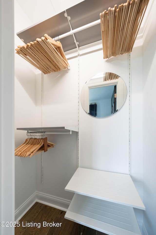 walk in closet with wood finished floors