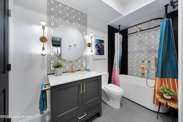full bathroom featuring tile patterned flooring, toilet, vanity, and shower / bath combination with curtain