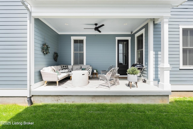 view of patio / terrace featuring ceiling fan and an outdoor hangout area