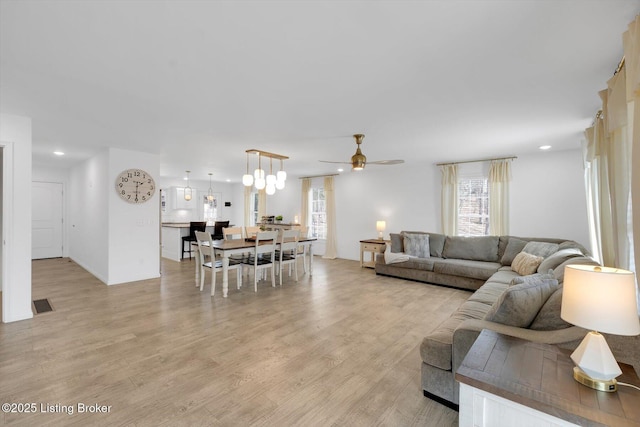 100 Bellemeade St, Brandenburg, KY 40108 - living area with light wood finished floors, a ceiling fan, visible vents, and recessed lighting