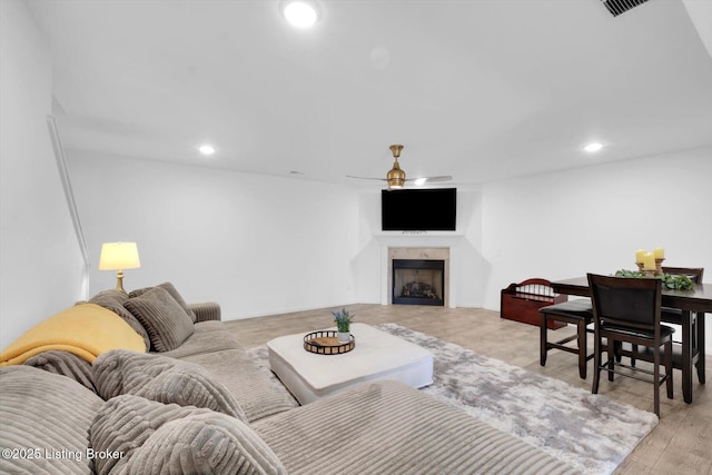 100 Bellemeade St, Brandenburg, KY 40108 - living room with a fireplace, recessed lighting, light wood-style flooring, and ceiling fan