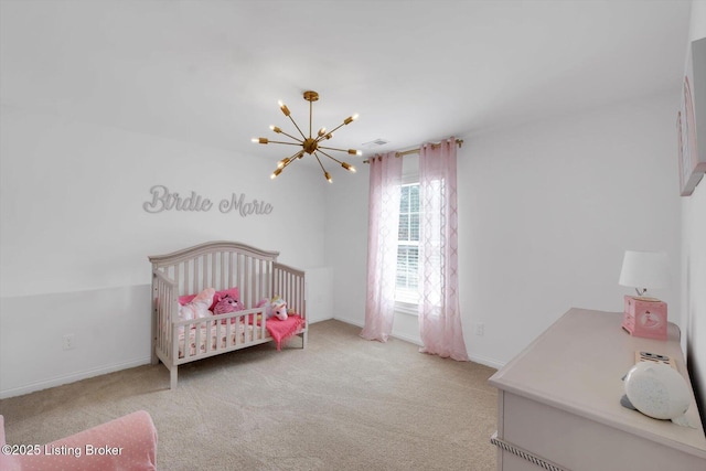 100 Bellemeade St, Brandenburg, KY 40108 - carpeted bedroom with a nursery area, visible vents, baseboards, and a chandelier